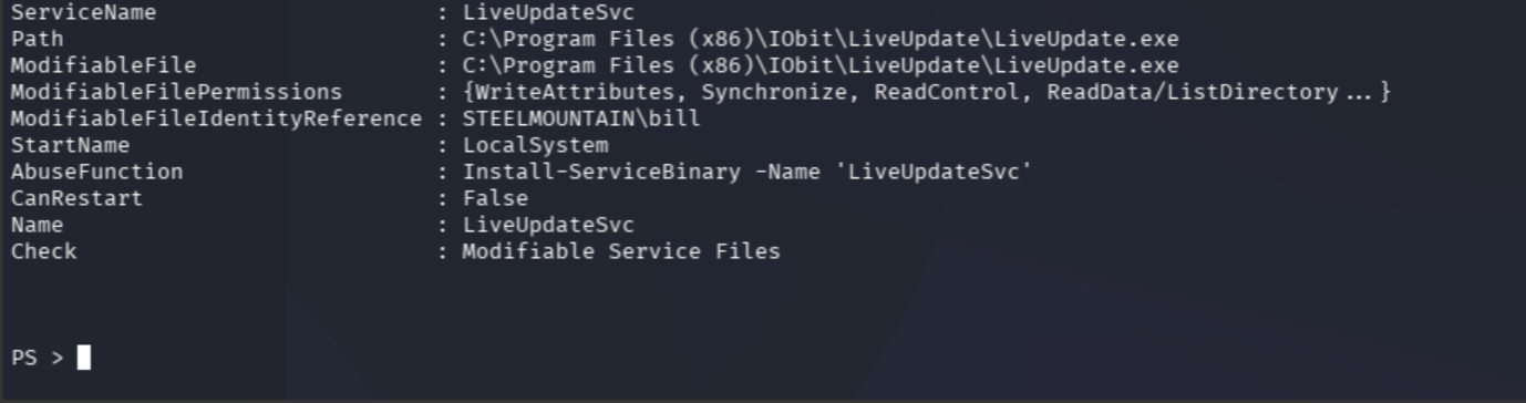 PowerUp Invoke-AllChecks output flagging a service with CanRestart true